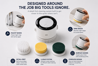 BILLHOL® Cordless Detail Cleaning Brush – Compact 3-Head Electric Scrubber