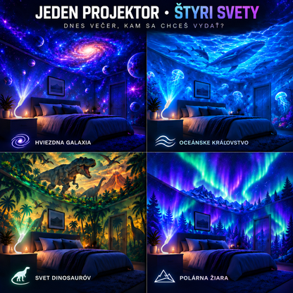 BILLHOL®  ❤️POHLCUJÚCI GALAKTICKÝ PROJEKTOR — 4 SVETY · GALAXIA · OCEÁN · DINOSAURY · POLÁRNA ŽIARA