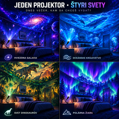 BILLHOL®✨  POHLCUJÚCI GALAKTICKÝ PROJEKTOR — 4 SVETY · GALAXIA · OCEÁN · DINOSAURY · POLÁRNA ŽIARA