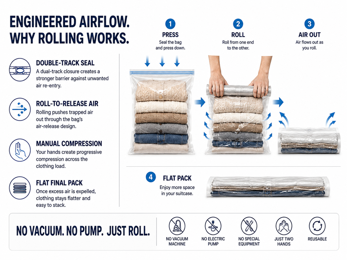 BILLHOL® PUMP-FREE TRAVEL COMPRESSION BAGS 🧳 – SAVE UP TO 80% PACKING SPACE, NO VACUUM OR PUMP NEEDED