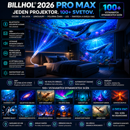 BILLHOL® 2026 PRO MAX – 5D inteligentný projektor svetov 💫 Vytvorte viac ako 100 pohlcujúcich svetov s Bluetooth ovládaním a vstavanými zvukovými efektmi.