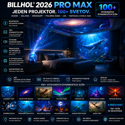 BILLHOL® 2026 PRO MAX – 5D inteligentný projektor svetov 🎗️ Vytvorte viac ako 100 pohlcujúcich svetov s Bluetooth ovládaním a vstavanými zvukovými efektmi.