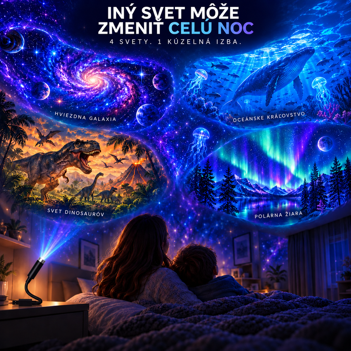 BILLHOL®✨  POHLCUJÚCI GALAKTICKÝ PROJEKTOR — 4 SVETY · GALAXIA · OCEÁN · DINOSAURY · POLÁRNA ŽIARA
