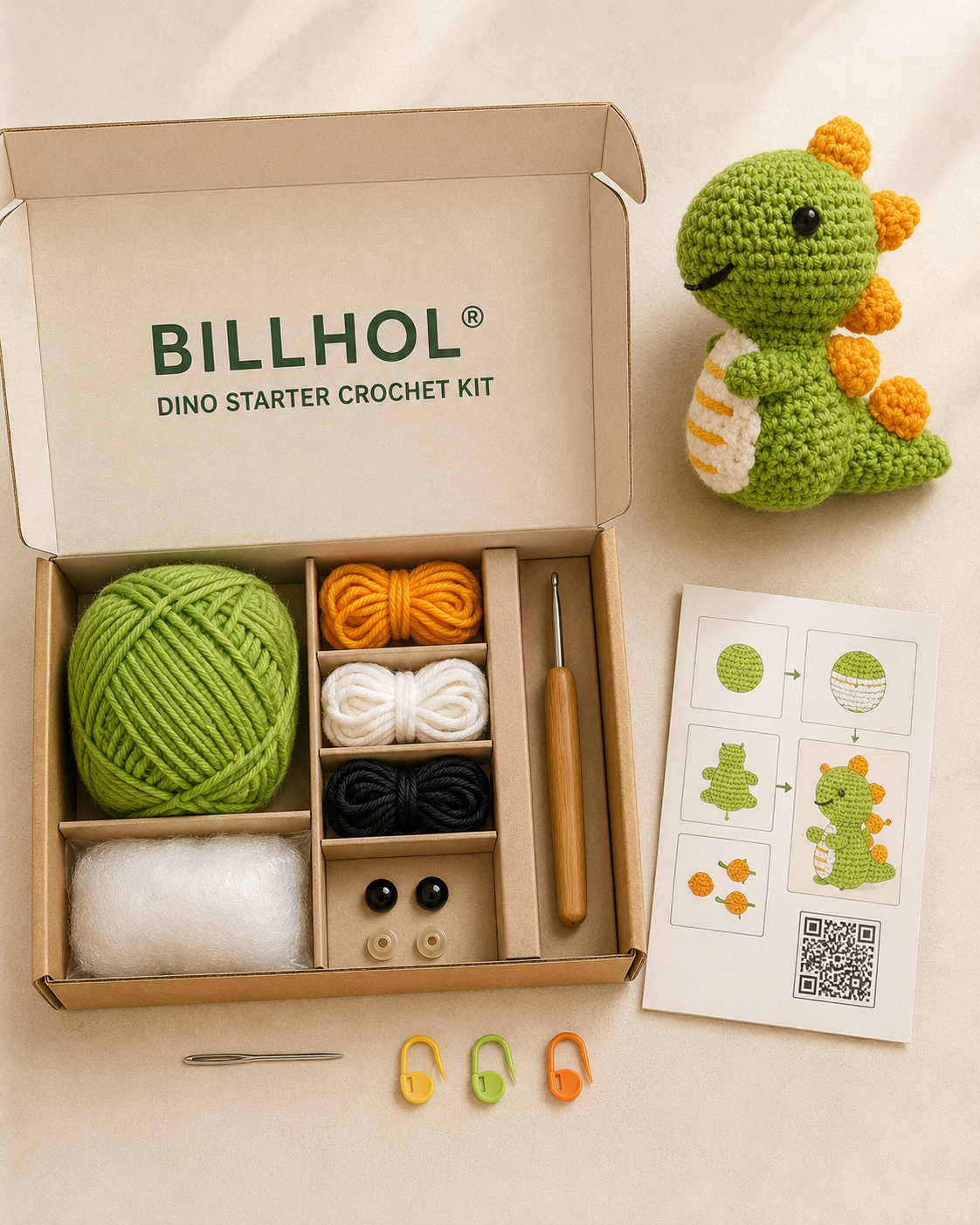 BILLHOL® Easy Crochet Dinosaur Kit for Beginners 🦖 – Make Your First Little Dino