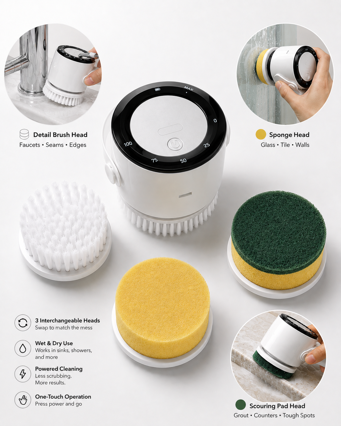 BILLHOL® Cordless Detail Cleaning Brush – Compact 3-Head Electric Scrubber