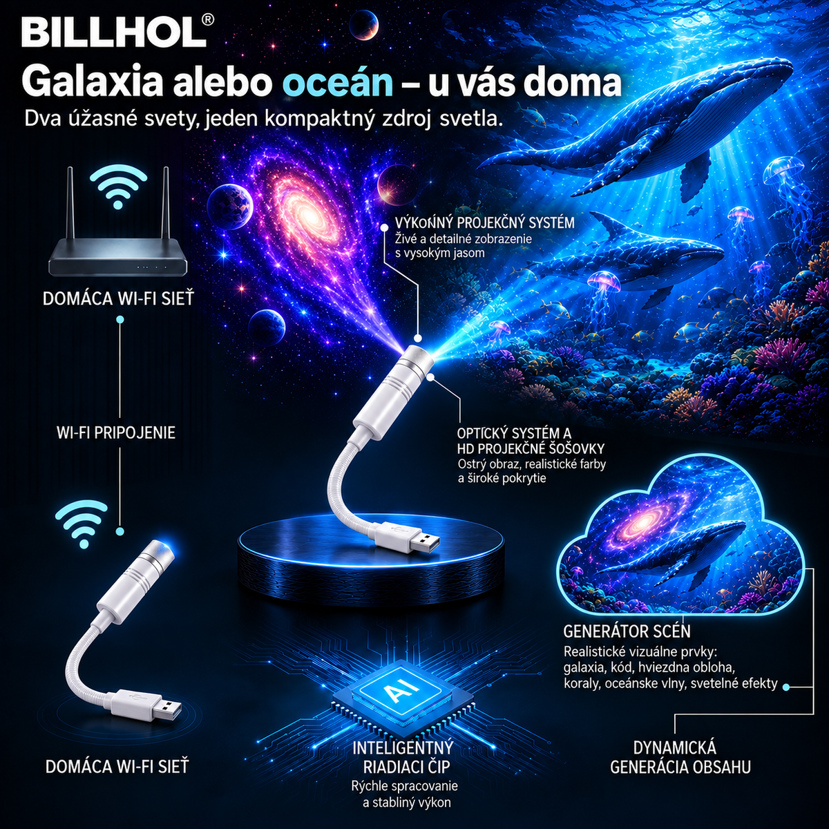 BILLHOL® 2026 PRO MAX – 5D inteligentný projektor svetov 💫 Vytvorte viac ako 100 pohlcujúcich svetov s Bluetooth ovládaním a vstavanými zvukovými efektmi.