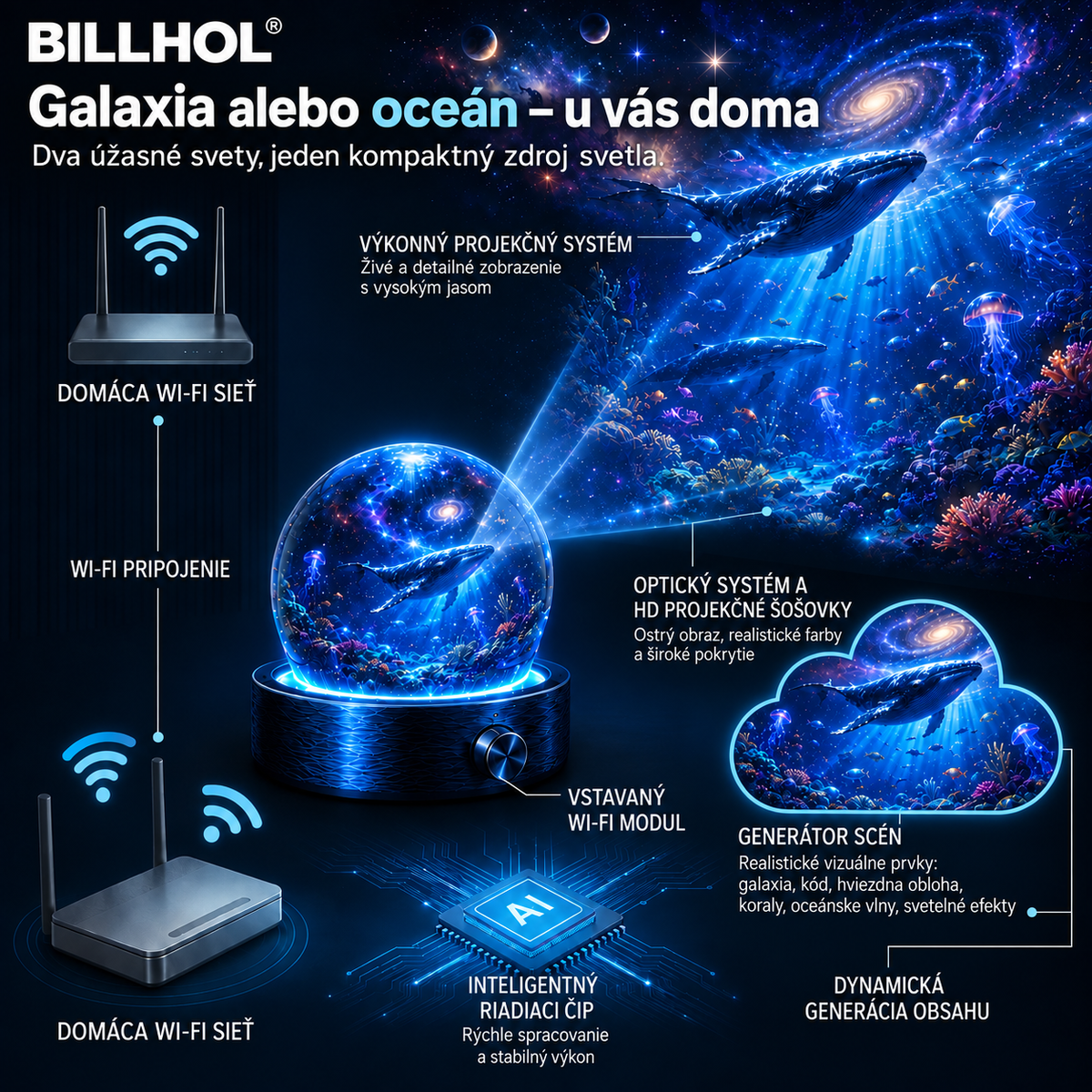 BILLHOL® 2026 PRO MAX – 5D inteligentný projektor svetov 🎗️ Vytvorte viac ako 100 pohlcujúcich svetov s Bluetooth ovládaním a vstavanými zvukovými efektmi.