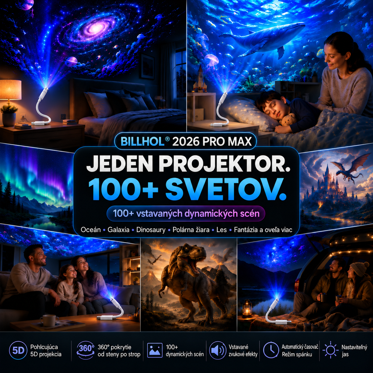 BILLHOL® 2026 PRO MAX – 5D inteligentný projektor svetov 💫 Vytvorte viac ako 100 pohlcujúcich svetov s Bluetooth ovládaním a vstavanými zvukovými efektmi.