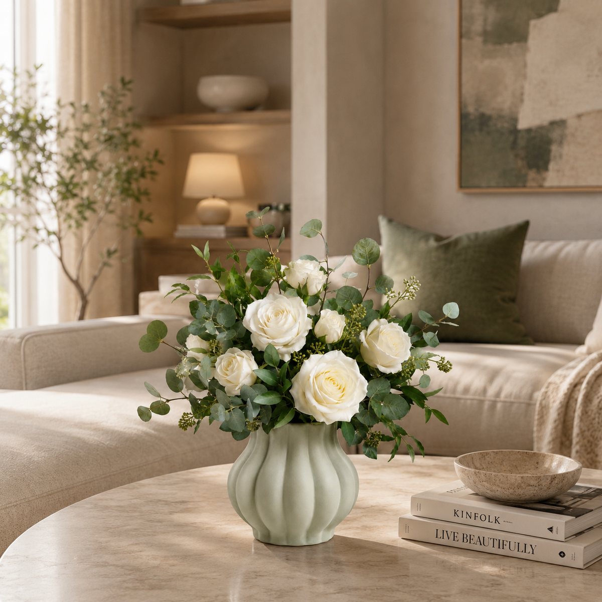 Luxury Artificial White Rose & Eucalyptus Mixed Bouquet