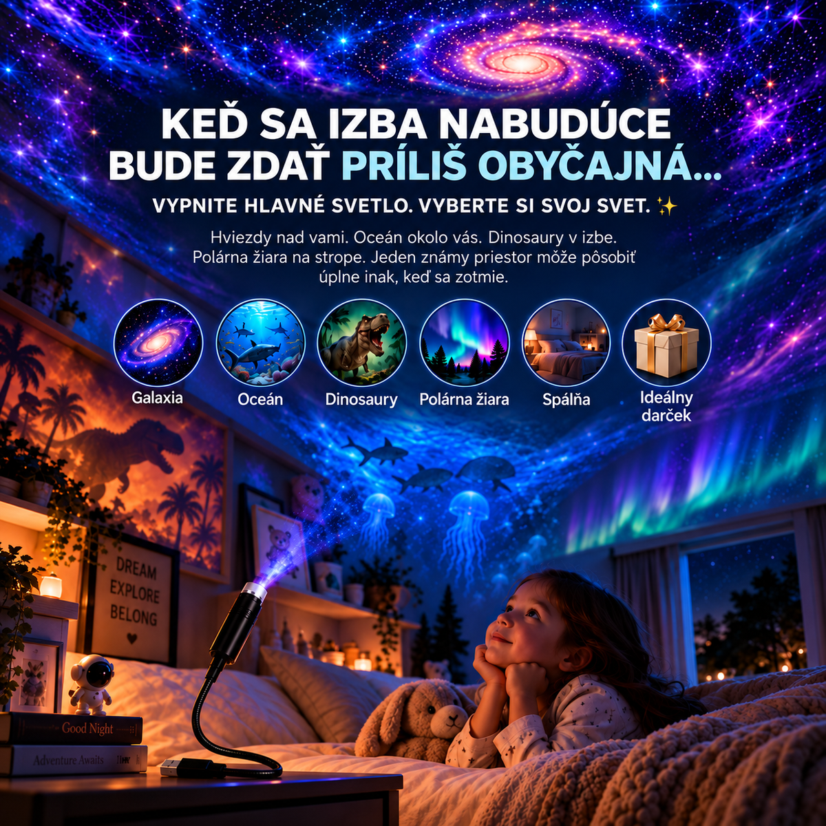 BILLHOL®✨  POHLCUJÚCI GALAKTICKÝ PROJEKTOR — 4 SVETY · GALAXIA · OCEÁN · DINOSAURY · POLÁRNA ŽIARA