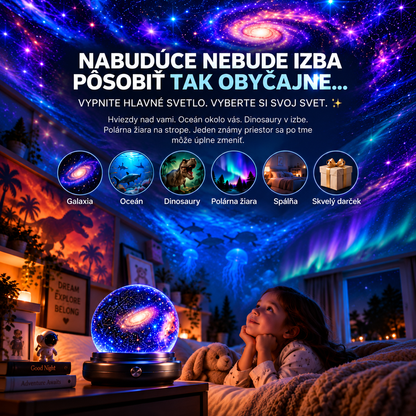 BILLHOL® 🌌 POHLCUJÚCI GALAKTICKÝ PROJEKTOR — 4 SVETY · GALAXIA · OCEÁN · DINOSAURY · POLÁRNA ŽIARA